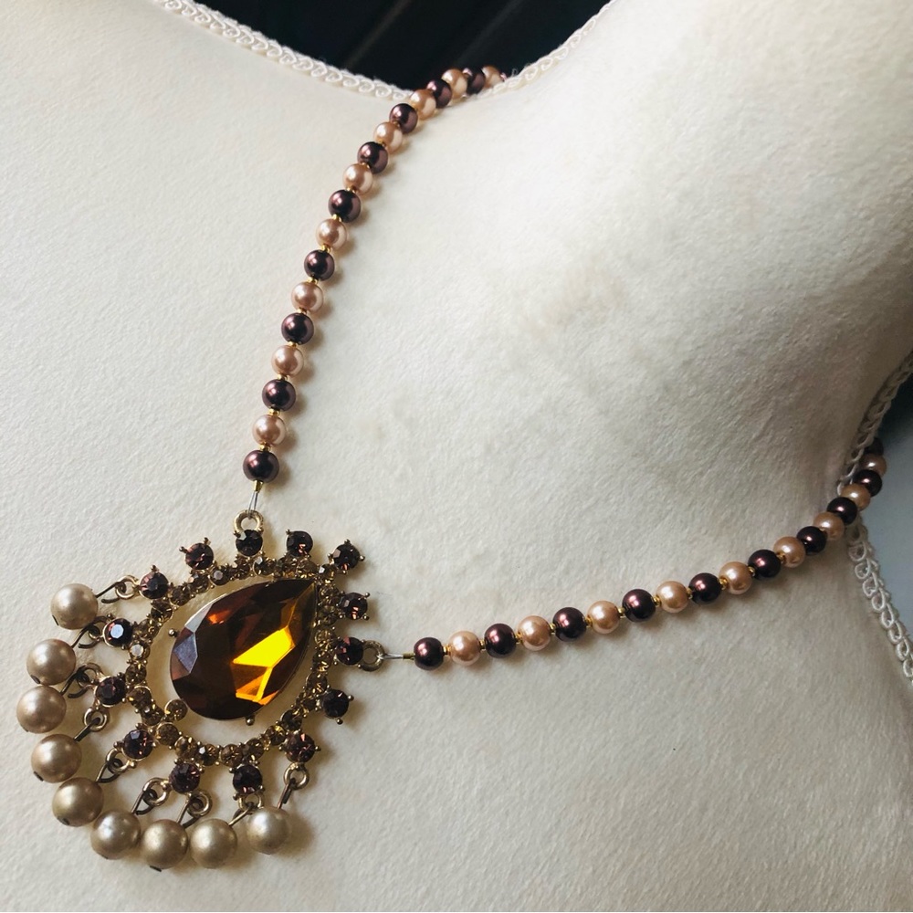 Handcrafted repurpose large teardrop brown topaz pendant Czech Pearl necklace